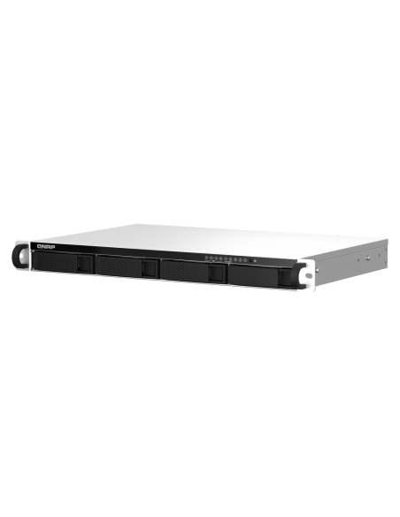 QNAP 1U 4-bay rackmount NAS, quad-core CPU, 8GB RAM, 4x3.5/2.5 SATA bays, 2.5GbE, HDMI, USB.