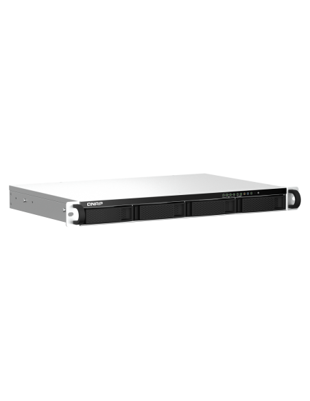 QNAP 1U 4-bay rackmount NAS, quad-core CPU, 8GB RAM, 4x3.5/2.5 SATA bays, 2.5GbE, HDMI, USB.