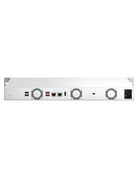 QNAP 1U 4-bay rackmount NAS, quad-core CPU, 8GB RAM, 4x3.5/2.5 SATA bays, 2.5GbE, HDMI, USB.