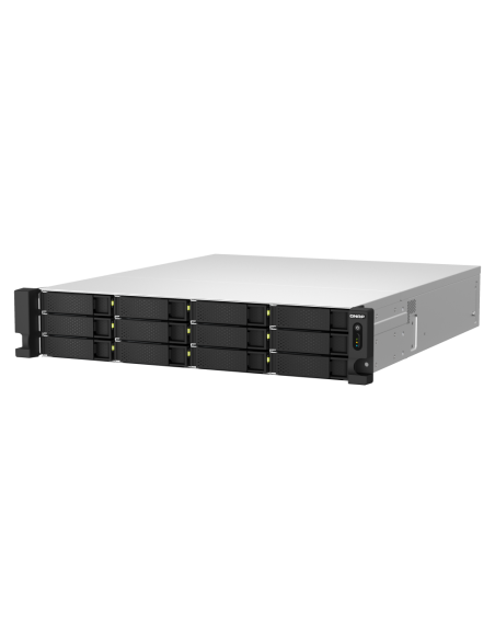 QNAP 18-bay 2U NAS, Intel Xeon E-2334, 16GB DDR4, 12x SATA + 6x 2.5, 10GbE, PCIe Gen4, 550W PSU, QuTS hero OS with ZFS, FC support.