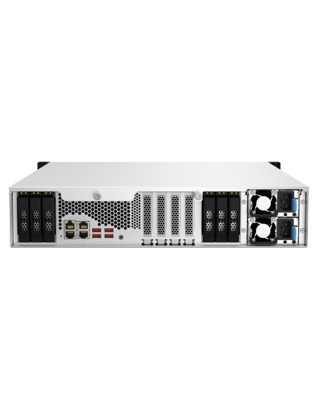 QNAP 18-bay 2U NAS, Intel Xeon E-2336, 32GB DDR4, 12x SATA + 6x 2.5, 10GbE, PCIe Gen4, 550W PSU, QuTS hero OS with ZFS, FC support.