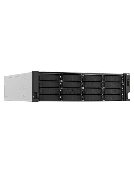 QNAP 22-bay 3U NAS, Intel Xeon E-2336, 32GB DDR4, 16x SATA + 6x 2.5, 10GbE, PCIe Gen4, 550W PSU, QuTS hero OS with ZFS, FC support.