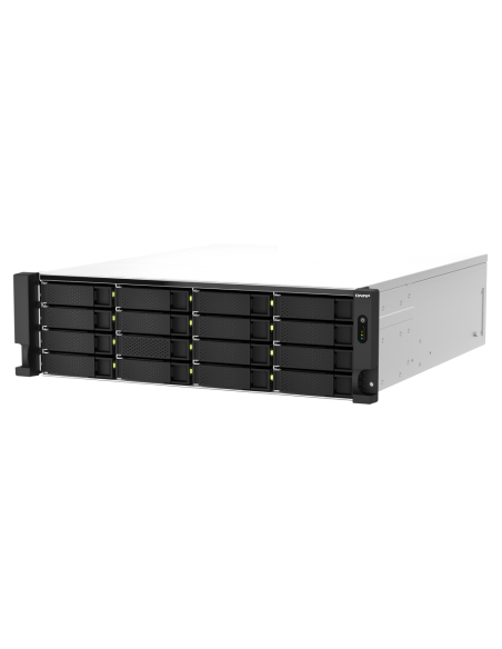 QNAP 22-bay 3U NAS, Intel Xeon E-2336, 32GB DDR4, 16x SATA + 6x 2.5, 10GbE, PCIe Gen4, 550W PSU, QuTS hero OS with ZFS, FC support.