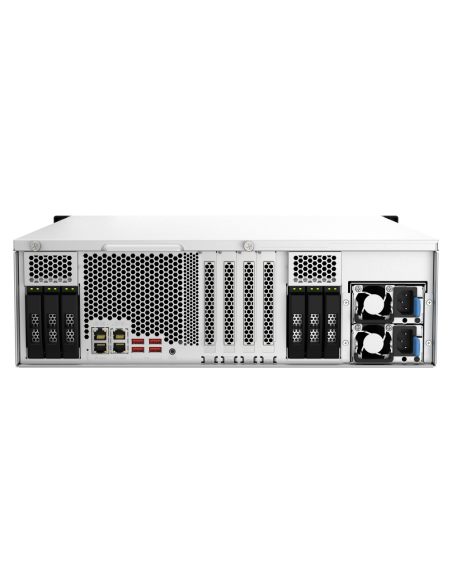 QNAP 22-bay 3U NAS, Intel Xeon E-2336, 32GB DDR4, 16x SATA + 6x 2.5, 10GbE, PCIe Gen4, 550W PSU, QuTS hero OS with ZFS, FC support.