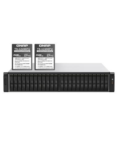 QNAP NAS 24 bahías en flash NVMe AMD EPYC 7302P 3.0GHz, 256GB RAM, 2x2.5GbE, 4x25GbE SFP28, iSCSI, RAID, PCIe (x5), fuente redundante.