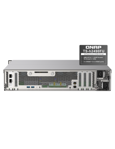 QNAP NAS 24 bahías en flash NVMe AMD EPYC 7302P 3.0GHz, 256GB RAM, 2x2.5GbE, 4x25GbE SFP28, iSCSI, RAID, PCIe (x5), fuente redundante.