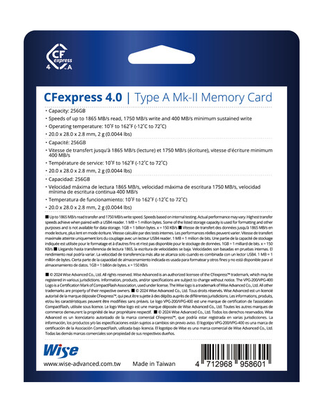 Wise Tarjeta de memoria 256GB CFexpress 4.0 Type A Mk-II