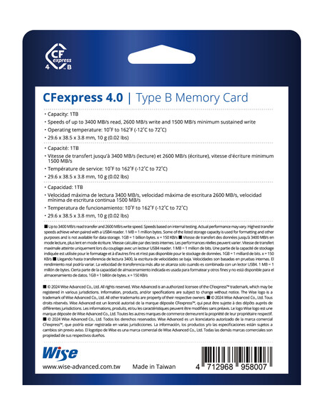 Wise Tarjeta de memoria Advanced 1TB CFexpress 4.0 Type B Memory Card