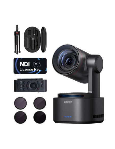 OBSBOT Tail 2 PowerUp Combo. Incluye 1 Tail 2, Control Remoto, Licencia NDI, Típode, filtros y micro wireless.