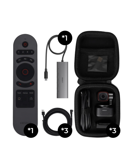 OBSBOT Tiny 2 Multicam Combo. Incluye 3 Tiny 2, 1 Tiny Smart Remote 2, 3 cables 5m USB-A a USB-C y 1 HUB 3 en 1 USB 3.0