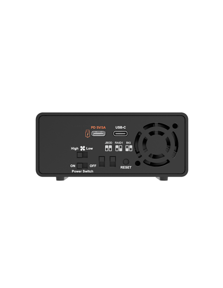 Stardom 2 Bay M.2 NVMe SSD Hardware RAID  External Storage , new design of M.2 SSD disk tray with USB 3.2 Gen 2 C-C cable x 2. (LEDs show progress25%, 50%, 75%, and 100%.)