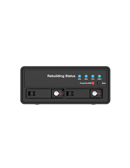 Stardom 2 Bay M.2 NVMe SSD Hardware RAID  External Storage , new design of M.2 SSD disk tray with USB 3.2 Gen 2 C-C cable x 2. (LEDs show progress25%, 50%, 75%, and 100%.)