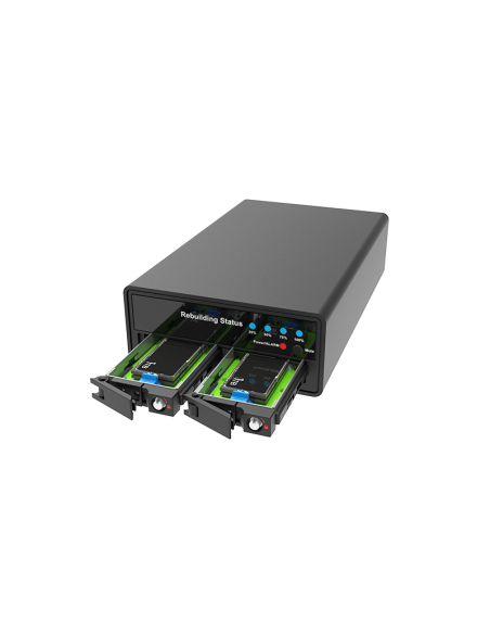 Stardom 2 Bay M.2 NVMe SSD Hardware RAID  External Storage , new design of M.2 SSD disk tray with USB 3.2 Gen 2 C-C cable x 2. (LEDs show progress25%, 50%, 75%, and 100%.)