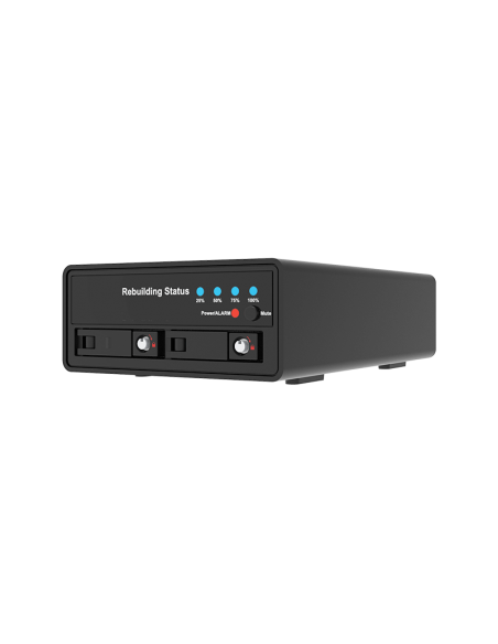 Stardom 2 Bay M.2 NVMe SSD Hardware RAID  External Storage , new design of M.2 SSD disk tray with USB 3.2 Gen 2 C-C cable x 2. (LEDs show progress25%, 50%, 75%, and 100%.)