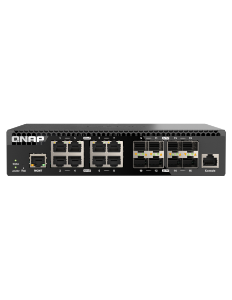 QNAP QSW-M3216R-8S8T 8 port 10GbE SFP+ and 8 ports 10GbE RJ45 para rack
